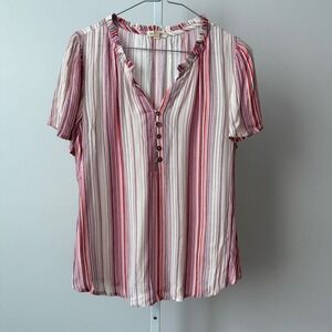 MASON BELLE  sz S Striped V Neck Ruffle Trim Tunic Top Preppy Casual